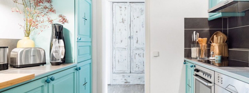 nachhaltige unterkunft cloud 7even ferienwohung ferienapartment ferienloft dreilaendereck suedbaden baden markgraefler land urlaub auf dem land in der natur lehmputz kalkfarben oekostrom kueche mit blick auf vintage-schrank