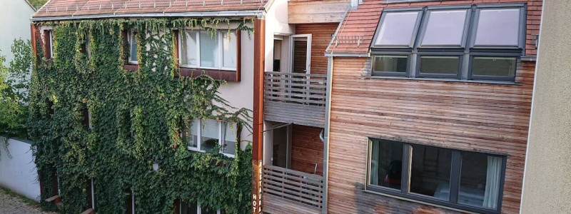 nachhaltige unterkunft familienhotel weimar urlaub in deuschland in der stadt oekologisches holzhaus stadturlaub staedtereise mit kindern mit grosseltern apartments umweltbewusstes reisen frontansicht efeu