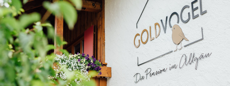 nachhaltige unterkunft apartments goldvogel fischen allgaeu urlaub in den bergen biologisch ökologisch regional hausgemacht architekt innenarchitekt suite aussenansicht haus schriftzug