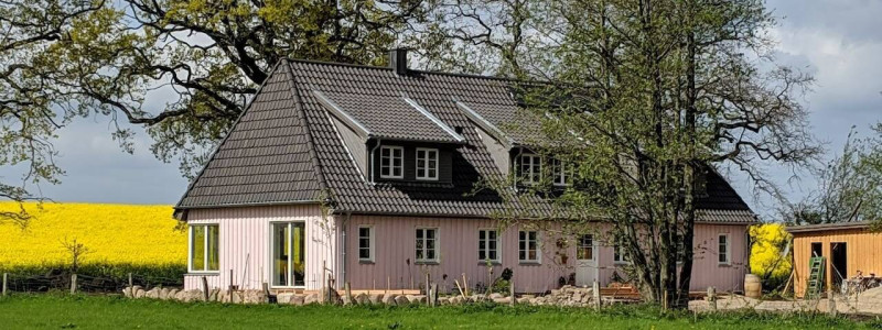 rosa haus ferienwohnung waabs halbinsel schwansen ostsee schleswig-holstein kappeln gluecksburg flensburg eckernfoerde urlaub im gruenen in der natur ruhe oekologisch sanierter haus wohngesundheit wildblumenwiese huehnerhaltung oekologische bienenhaltung haus rapsfeld