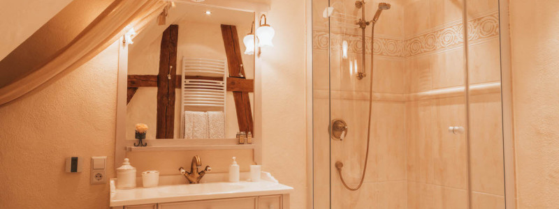 nachhaltige unterkunft straeumli bed and breakfast bodenseehinterland ökologisch betriebener hof urlaub auf dem hof streichelzoo urlaub mit kindern permakultur natur ruhe auszeit abgeschiedenheit denkmalschutz suite badezimmer