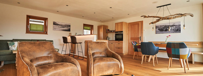 stadtalm toelzer land bad toelz urlaub in deutschland voralpenland in der natur in bayern in den bergen auf dem land im gruenen nachhaltige oekologische unterkunft holz lehm bienen lamas kubische bauweise alpinarchitektur ferienwohnung isarflimmern karwendelrauschen wohnraum ledersessel esstisch kueche barbereich