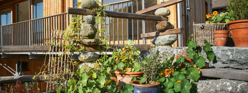 stadtalm toelzer land bad toelz urlaub in deutschland voralpenland in der natur in bayern in den bergen auf dem land im gruenen nachhaltige oekologische unterkunft holz lehm bienen lamas kubische bauweise alpinarchitektur aussenaufnahme treppe haus detail