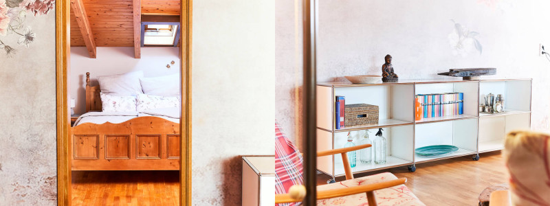 nachhaltige unterkunft urlaub am wasser in deutschland chiemsee alpen uebersee ferienapartment modern traditionell bienen imkerei insektenfreundlicher garten upcycling zusammengestelltes foto