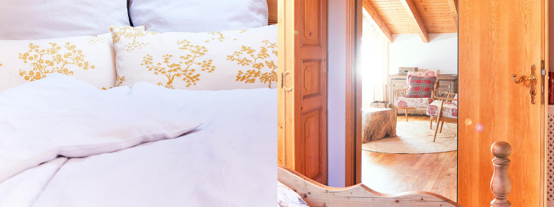 nachhaltige unterkunft urlaub am wasser in deutschland chiemsee alpen uebersee ferienapartment modern traditionell bienen imkerei insektenfreundlicher garten upcycling schlafzimmer mit blick in den wohnraum