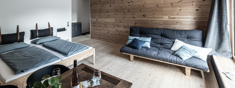 weingut idler bio appartment biologisches weingut remstal weinregion mondholz zirbenholz natuerliche materialien moderne architektur weinberge wandern radfahren kanufahren kultur weinarchitektur urlaubsarchitektur tisch schlafsofa bett holzwand