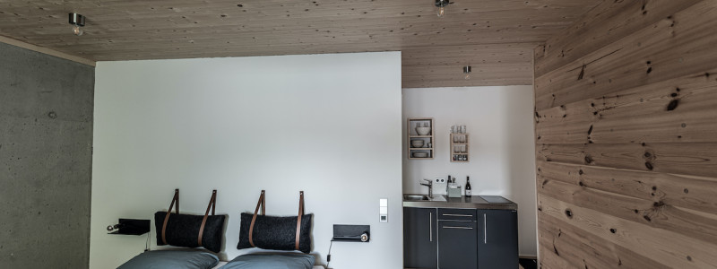 weingut idler bio appartment biologisches weingut remstal weinregion mondholz zirbenholz natuerliche materialien moderne architektur weinberge wandern radfahren kanufahren kultur weinarchitektur urlaubsarchitektur bett kueche